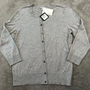 NWT Halogen Gray Sweater Cardigan Button Up Women's Medium Crew Neck 3/4 Sleeve